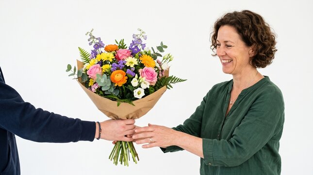 Woman happily receives a vibrant bouquet of flowers from an unseen person
