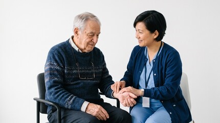 Obraz premium Nurse checks pulse of elderly man in healthcare setting