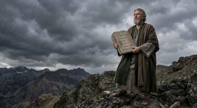 Old prophet holding stone tablets on a rocky mountain peak. Biblical Moses theme with Ten Commandments under a stormy sky