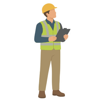 Hand-drawn vector illustration of a construction foreman wearing a yellow hard hat and high-visibility safety vest, standing while reviewing plans on a clipboard during a site inspection