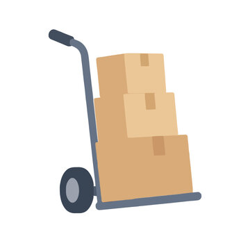 Hand-traced vector illustration of a classic metal hand truck dolly loaded with three stacked brown cardboard cartons, isolated on white background, flat design clip art icon style