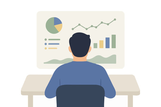 Hand-traced flat vector illustration of a man from behind seated at a desk reviewing an analytics dashboard with pie, bar and line charts displayed on a large monitor, business analytics, data