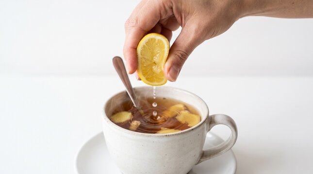 Hand squeezing lemon into a cup of ginger tea with steam rising