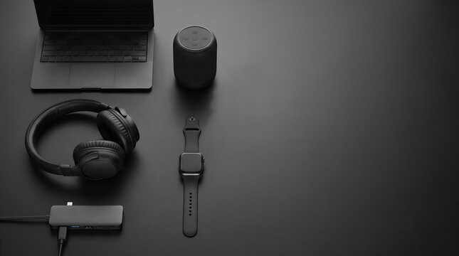 Black Friday tech gadgets flat lay with laptop, headphones, smartwatch and speaker on dark surface. Promotional offer ecommerce Black Friday marketing. Promotion web banners with copy-space.
