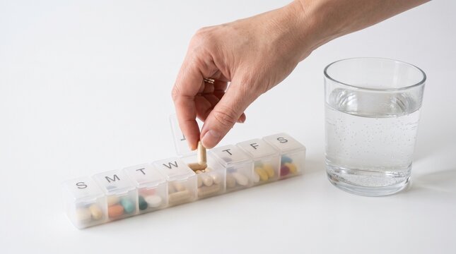 Hand placing capsule into weekly pill organizer next to glass of water
