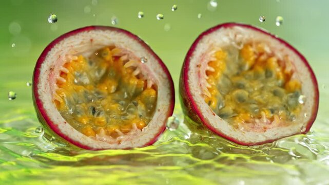Super Slow Motion Shot of Passion Fruit Falling into Water and Making Splash at 1000fps.