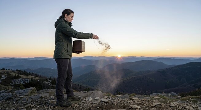 Woman scattering ashes from an urn on a mountain top at sunrise. Memorial and cremation concept