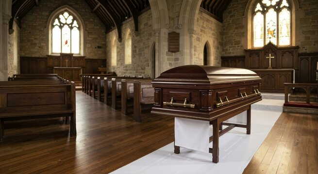 Elegant dark wooden casket in an empty funeral chapel. Traditional church interior for memorial service. Mourning and burial concept