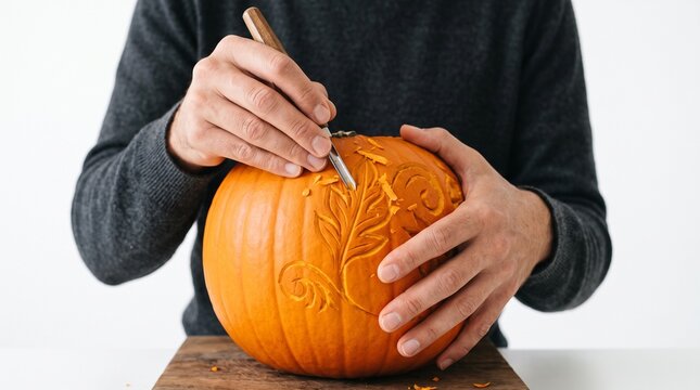 Person carving intricate floral design into a pumpkin with a tool