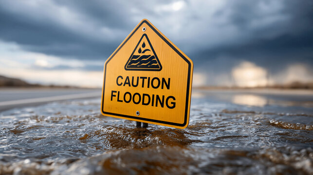 Warning sign for flooding partially submerged in water amidst dark stormy clouds.