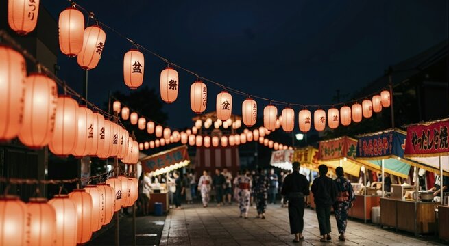 Glowing red chochin paper lanterns hanging in rows at night. Japanese summer festival street with food stalls and people in yukata. Obon festival theme