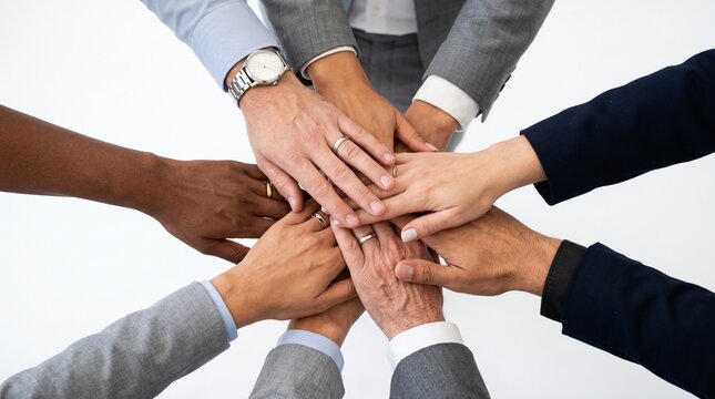 Diverse group of business people stacking hands together in unity and teamwork