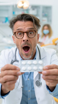 Surprised male doctor expressing shock while holding medication in a clinic.