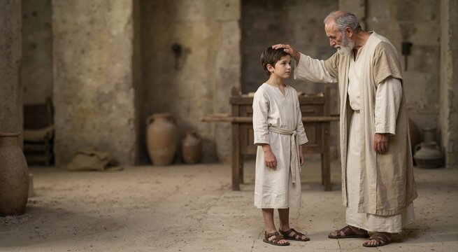Old priest Eli blessing young Samuel in the temple. Biblical scene of mentorship and faith. Ancient stone interior with pottery
