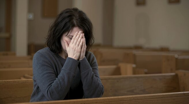 Woman sitting in church pew covering face with hands. Adult female in grey sweater mourning and praying. Grief and loss concept