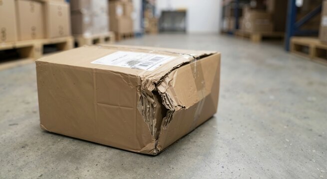 Damaged cardboard package with a crushed and torn corner on a warehouse floor. Broken shipping box in a logistics and distribution center. Delivery problem and mishandled freight concept