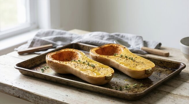Roasted butternut squash halves with thyme and black pepper on a rustic baking sheet. Healthy autumn vegetable cooking on wooden table