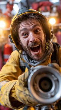 Cheerful male firefighter in protective gear, showcasing excitement and enthusiasm.