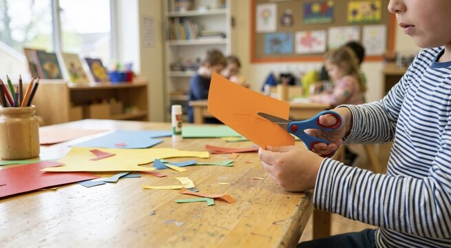Close up of child hands cutting colorful orange paper with safety scissors. Creative arts and crafts activity in a bright elementary school classroom