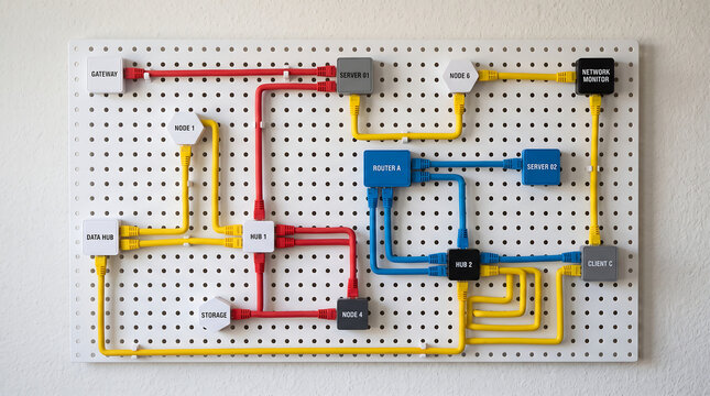 Physical Network Diagram and Infrastructure Visualization on White Pegboard with Ethernet Patch Cables