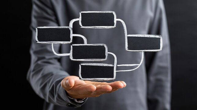 A man holds a digital flowchart above his palm, symbolizing data processing.