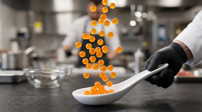 Molecular Gastronomy Chef Holding Spoon with Floating Orange Caviar Pearls in Commercial Kitchen