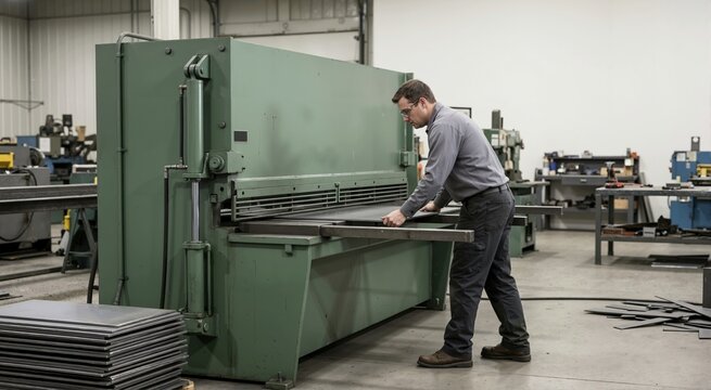 Male worker operating a large green steel plate shearing machine in a metal fabrication shop. Industrial manufacturing facility with heavy machinery and stacked sheet metal