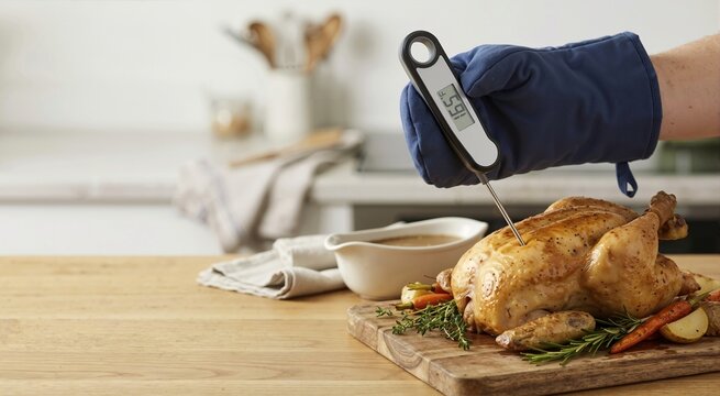 Checking roasted chicken temperature with a digital meat thermometer. Safe cooking and food preparation