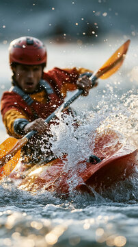 Male kayaker in action, splashing water as he maneuvers through rapids.