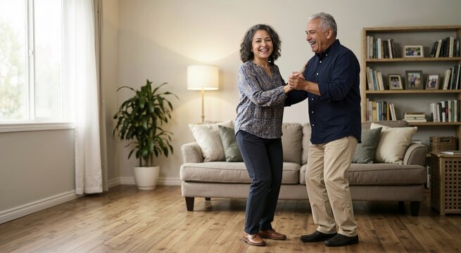Senior Hispanic couple dancing and laughing in their living room. Older man and woman holding hands and enjoying time together at home. Emotional wellness and active aging concept