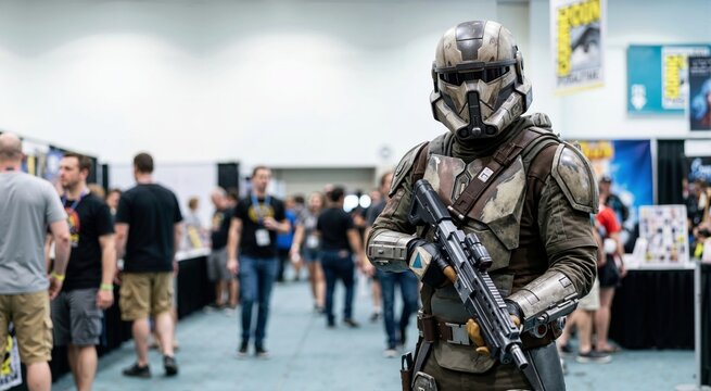 Person in detailed sci-fi armor costume holding a prop rifle. Cosplayer at a crowded pop culture convention hall.