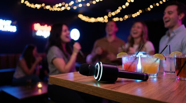 Microphone on table in karaoke bar with group of friends singing in background. Nightlife social gathering and entertainment. Happy people enjoying music party at social event.