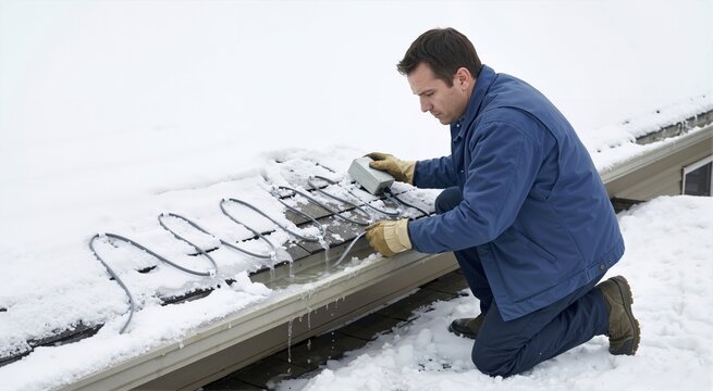 Male contractor inspecting a heating cable system on a snow covered roof. Worker checking roof deicing equipment to prevent ice dams