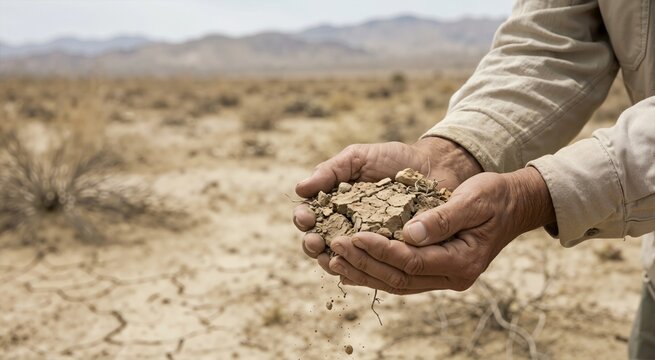 Wrinkled hands holding dry parched soil. Drought and water scarcity concept