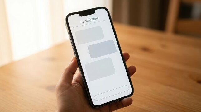 Hand holding smartphone with artificial intelligence assistant interface on screen. Mobile chat application for automated communication. Modern digital technology for smart personal task management.