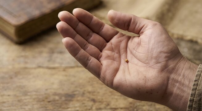 Close up of tiny mustard seed lying on open palm of hand. Biblical parable of faith and potential concept with old book in background