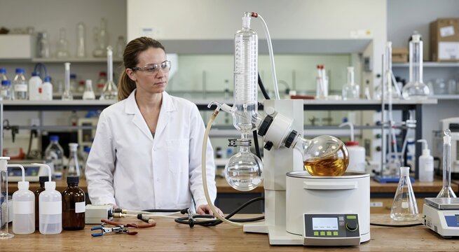 Female scientist monitoring rotary evaporator with spinning flask in laboratory. Chemist in white coat observing distillation process of amber liquid