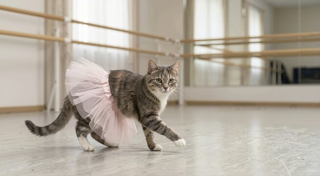 Tabby cat wearing a pink ballet tutu walking in a dance studio. Funny pet dressed as a dancer in a room with mirrors and barres