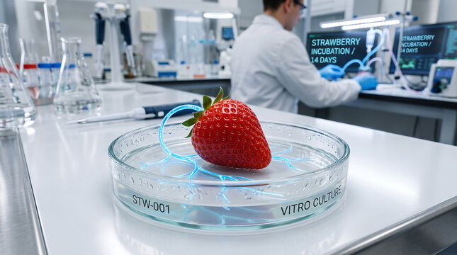 Strawberry in petri dish during genetic engineering and agricultural biotechnology experiment in modern lab