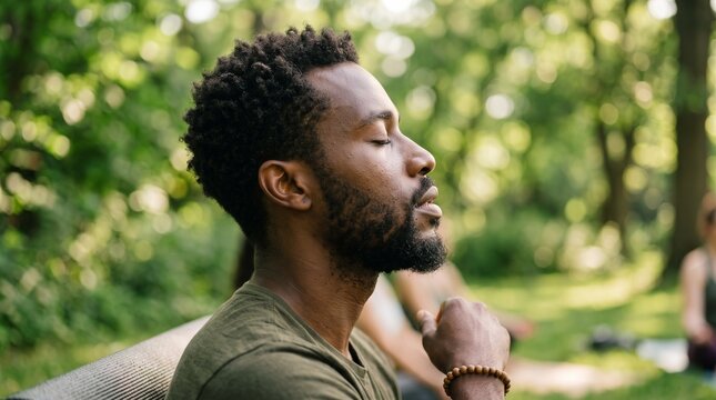 Black man meditating peacefully in a lush green park with eyes closed and serene expression, practicing mindfulness outdoors