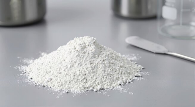 Heap of white titanium dioxide powder on a grey laboratory table. Raw chemical ingredient for cosmetics and food industry
