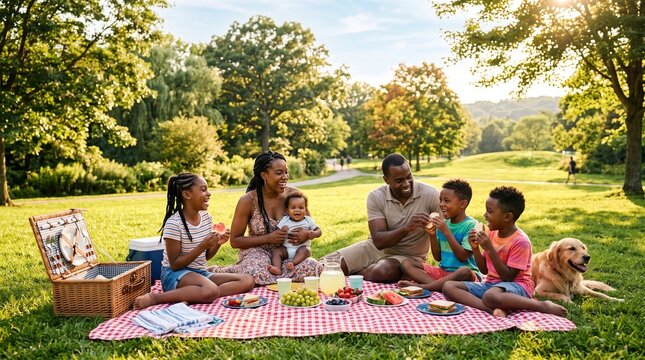 Joyful Black Family Enjoying a Sunny Picnic in a Lush Green Park with a Golden Retriever Dog