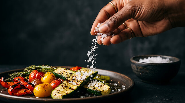 Black woman's hand sprinkling coarse sea salt on grilled zucchini, tomatoes, and asparagus, preparing a healthy meal