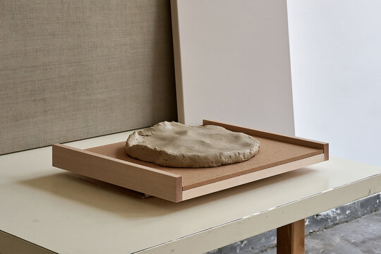 Flattened piece of raw gray clay resting on a wooden tray in a minimalist studio environment