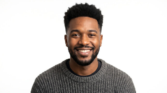 Portrait of a smiling Black man with a beard and afro hairstyle wearing a grey sweater against a white background