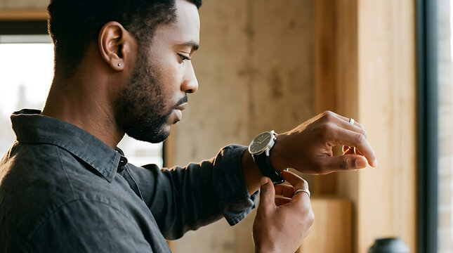Stylish Black Man Adjusting His Wristwatch Indoors with Natural Light