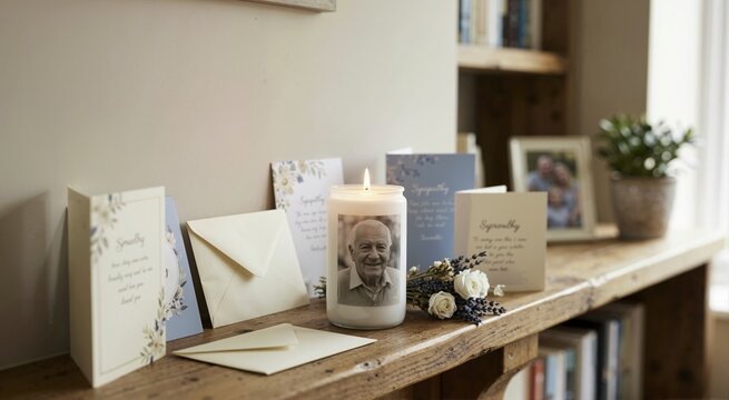 Memorial candle with a photo of an elderly man. Sympathy cards and tributes on a wooden shelf