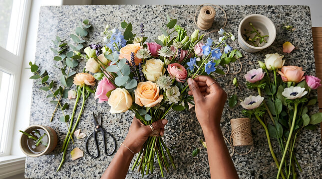 Black woman's hands arranging a beautiful bouquet of fresh flowers on a granite countertop with floral supplies