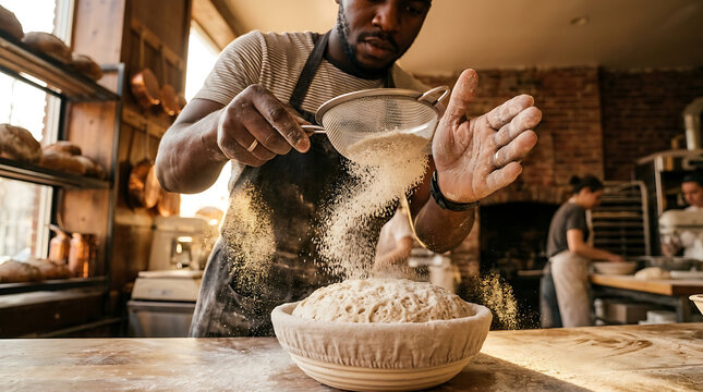 Skilled Black baker sifting flour onto sourdough bread dough in a rustic bakery kitchen