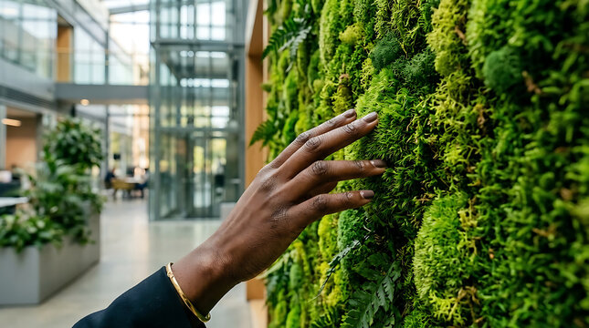 Black Woman Touching Lush Green Vertical Garden Wall in Modern Office Building with Natural Light
